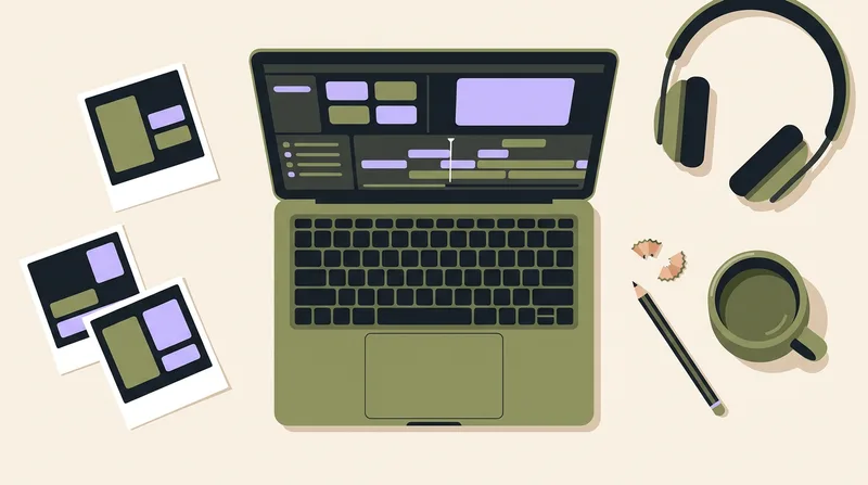 Illustration : bureau de montage vu de dessus, ordinateur, tirages photos et casque