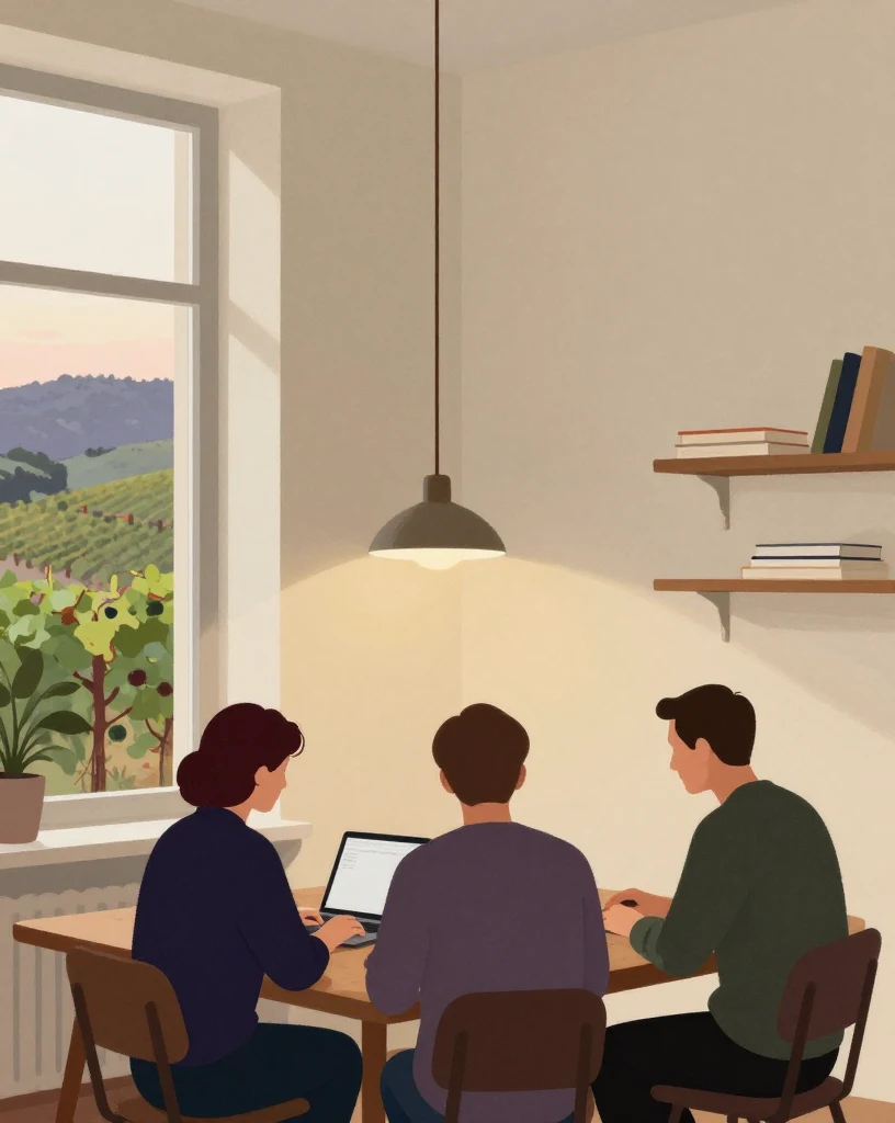 Illustration : trois personnes vues de dos autour d’une table d’atelier avec un ordinateur, lampe suspendue, fenêtre sur les vignes