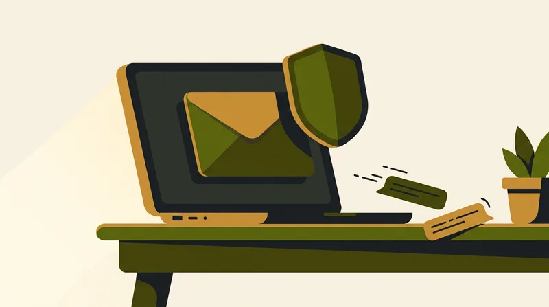 Illustration : un bouclier écarte un faux mail au-dessus d’un ordinateur portable.