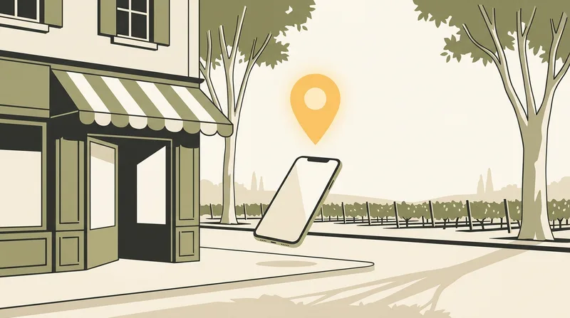 Illustration : une boutique de village avec un téléphone et un repère de carte au-dessus